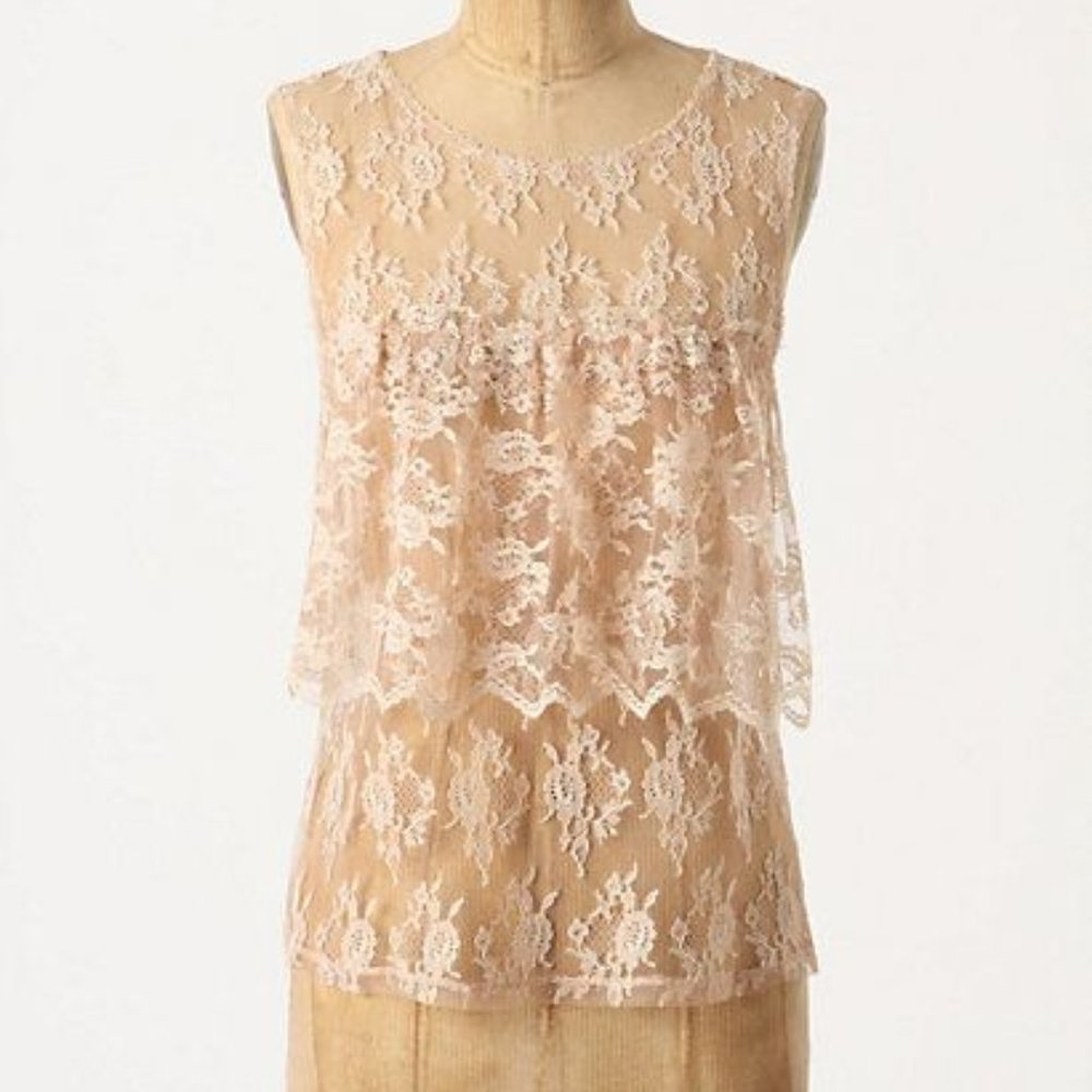 Anthropologie Only Hearts Beige Sheer Lace Ruffle Tank Top